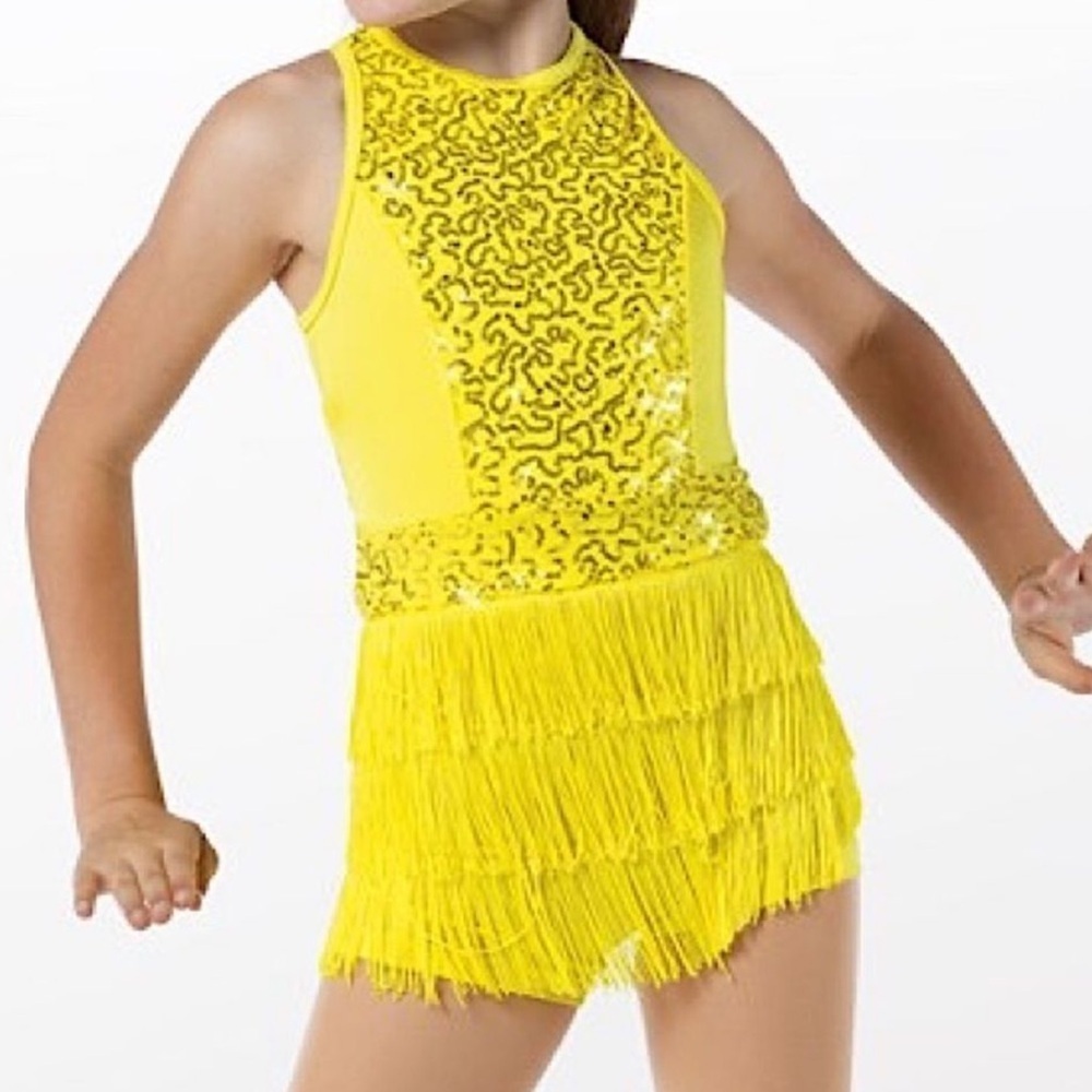 WEISSMAN Dance Costume yellow Fringe flapper GOOD TO BE ALIVE 11109 LC child